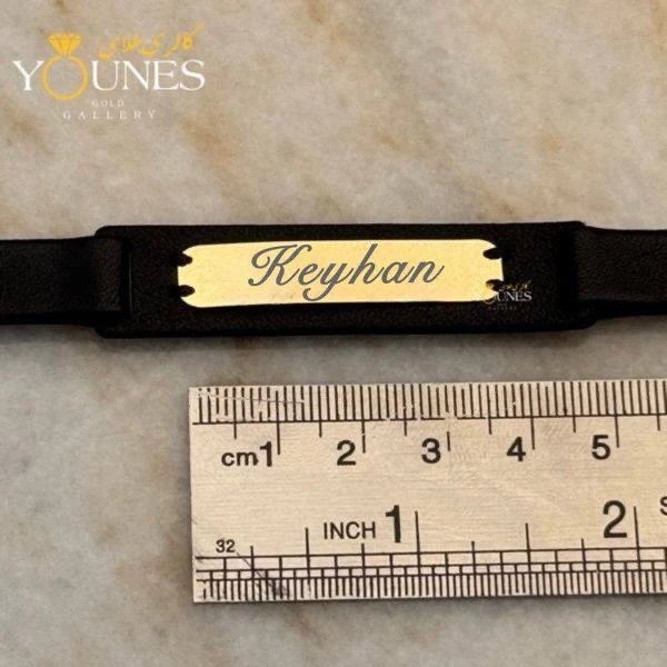 دستبند چرم مردانه طلا حکاکی اسم Keyhan کیهان