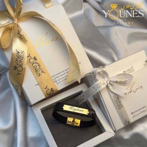 دستبند چرم مردانه طلا حکاکی اسم Keyhan کیهان